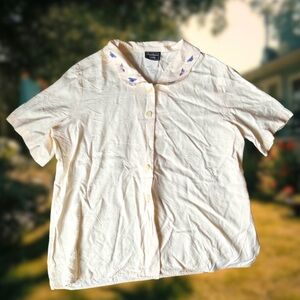 Southern Lady Cream Button-Up Short Sleeve Blouse with Embroidered Collar